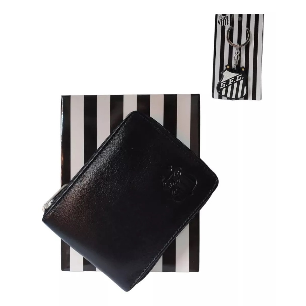Kit Santos Carteira Em Couro Zíper +chaveiro +caneta-time