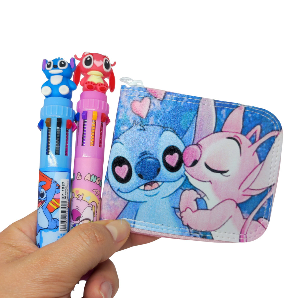 Kit Carteira Infantil e Caneta  Personagem Stitch e Angel