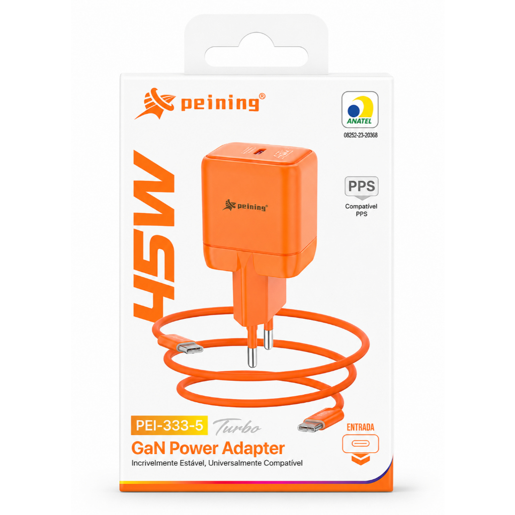 Carregador de Carregamento Turbo PPS Tipo-C 45w GAN  Laranja