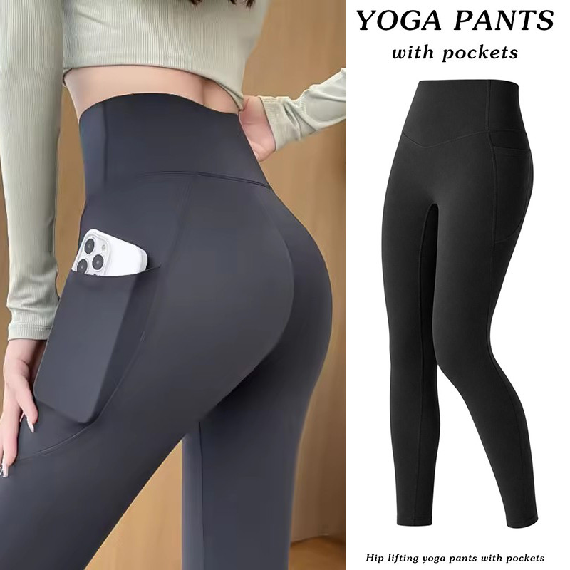 Calças Tubarão De Cintura Alta – Slim Fit Femininas Push-Up Fitness Workout Mulheres Coreanas Stretch Bolso Leggings Esp