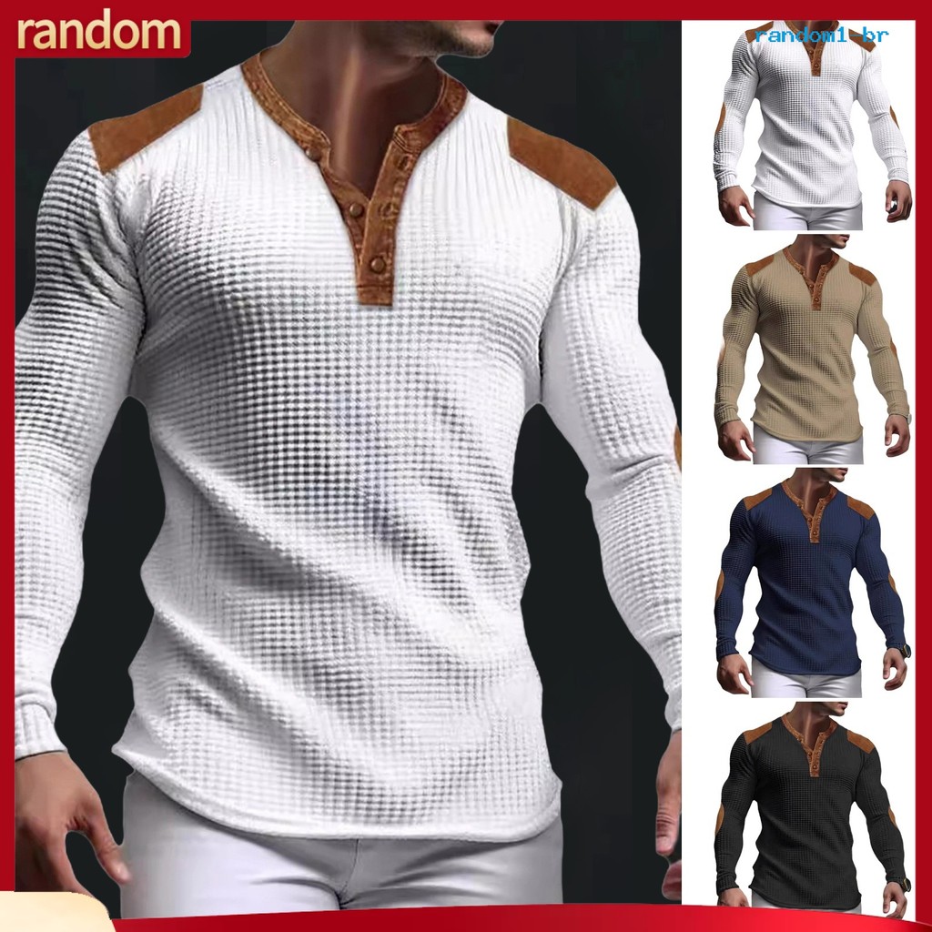 [RAN] Moletom Masculino Patchwork Retrô Com Decote Em V Botões Textura Waffle Pulôver Colorblock Slim Fit Uso Diário Esp