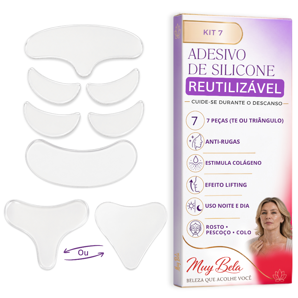 Kit Adesivos Anti Rugas Muy Bela – Skin Care Botox Natural de Silicone | Rosto e Colo Peito  (7 Peças Reutilizáveis)