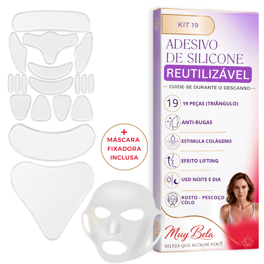 Kit Adesivo Anti Rugas Muy Bela 19 Peças – Rosto, Pescoço, Colo + Máscara Facial Reutilizável 30x Silicone Colágeno