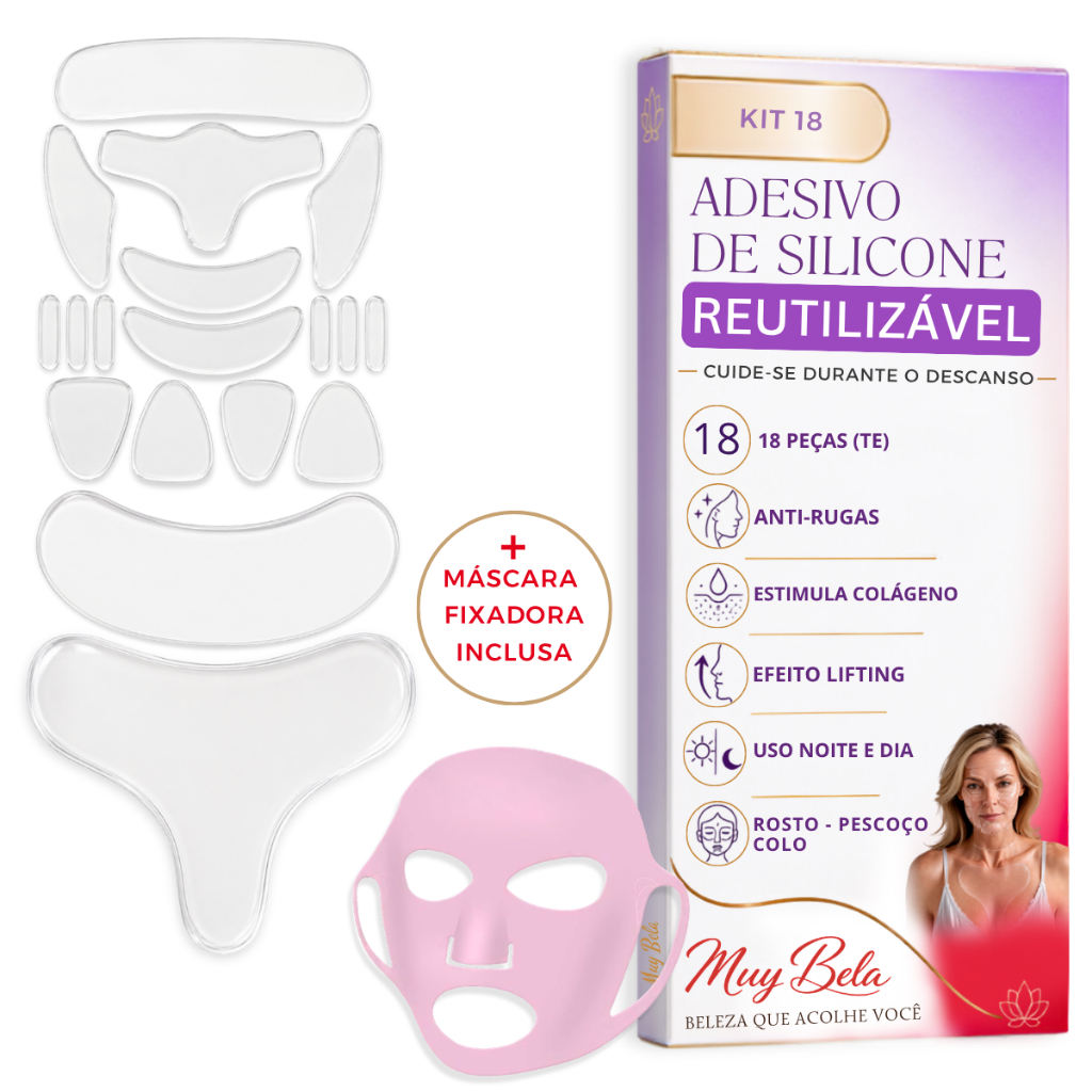 Kit Silicone Lavável Rugas Rosto Adesivo Muy Bela Colágeno Natural Colo Anti Marcas Reduz Rugas Skin Care Reutilizável