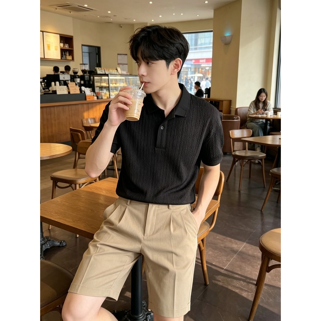 Camisa polo de manga curta estilo dinheiro antigo Henry Collar masculina verão cleanfit listras verticais em relevo text