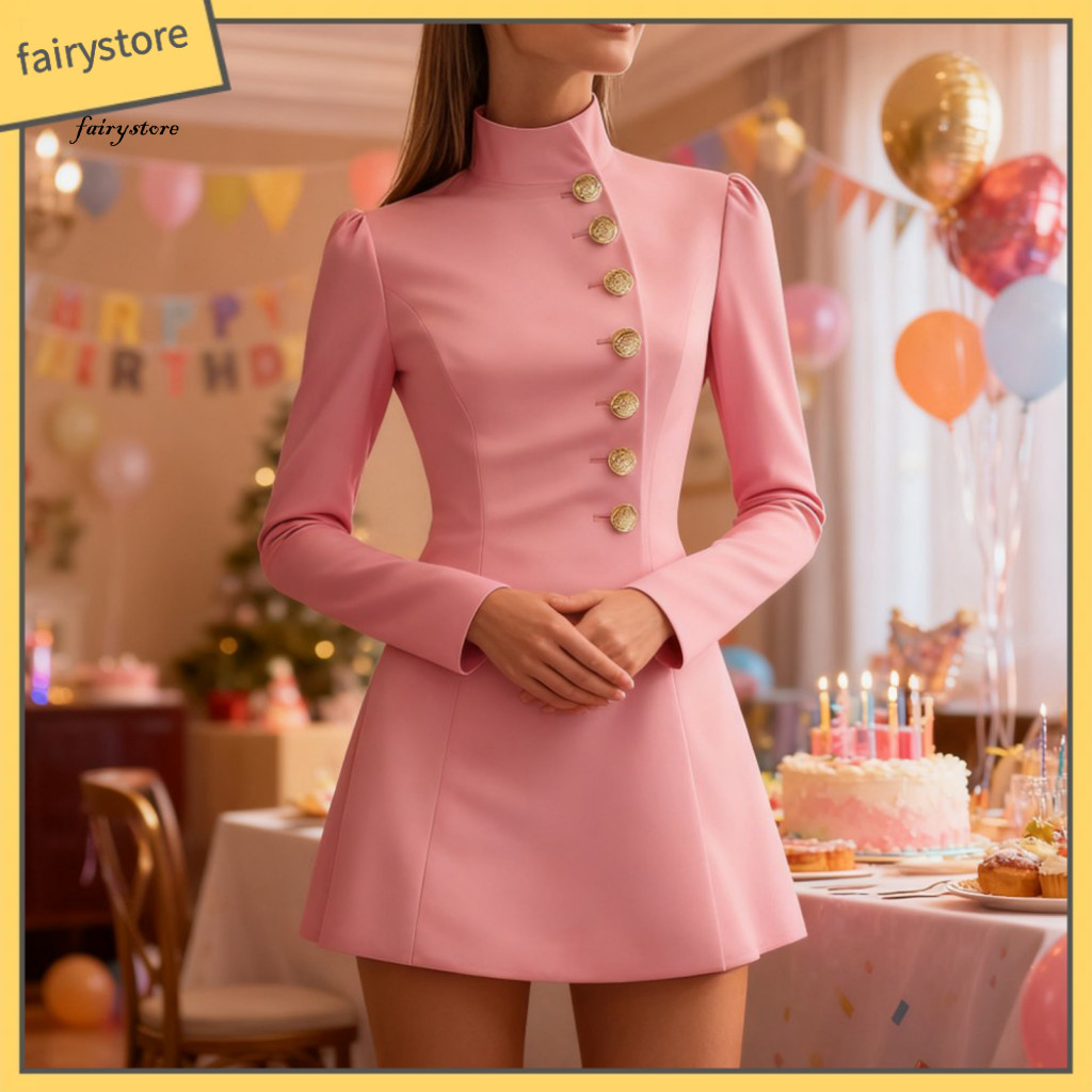 Women Dress Single-breasted Decoration Vertical Decorative Element Women’s Stand Collar Long Sleeve Work – Formal Sh