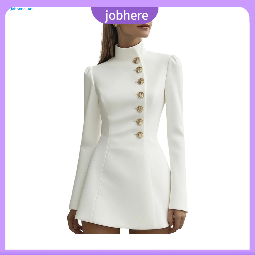 Vertical Decorative Element Dress Women Single-breasted Decoration Women’s Stand Collar Long Sleeve Work – Formal Sh
