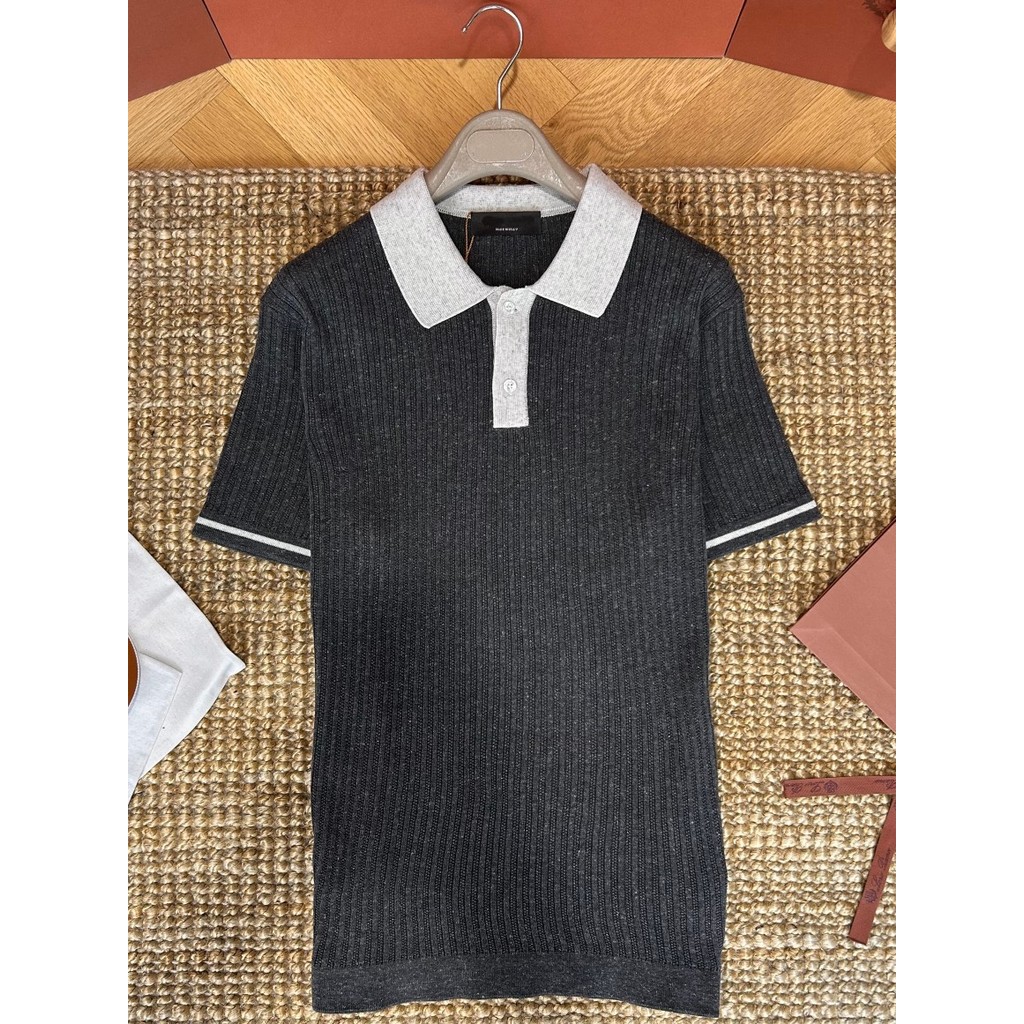 Men's color-blocked collar cashmere blend knit short-sleeve shirt with a skin-friendly vertical ribbed texture polo Shir