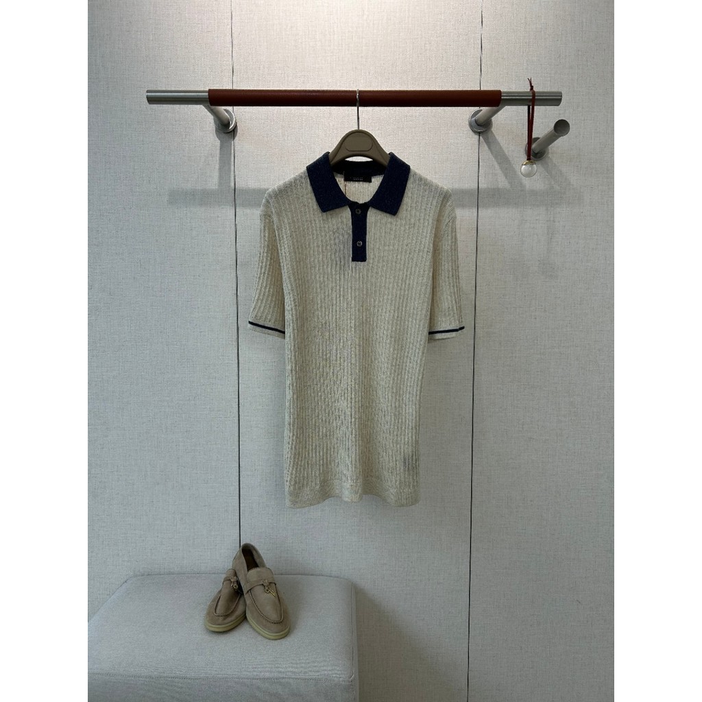 Men's color-blocked collar cashmere blend knit short-sleeve shirt with a skin-friendly vertical ribbed texture polo Shir