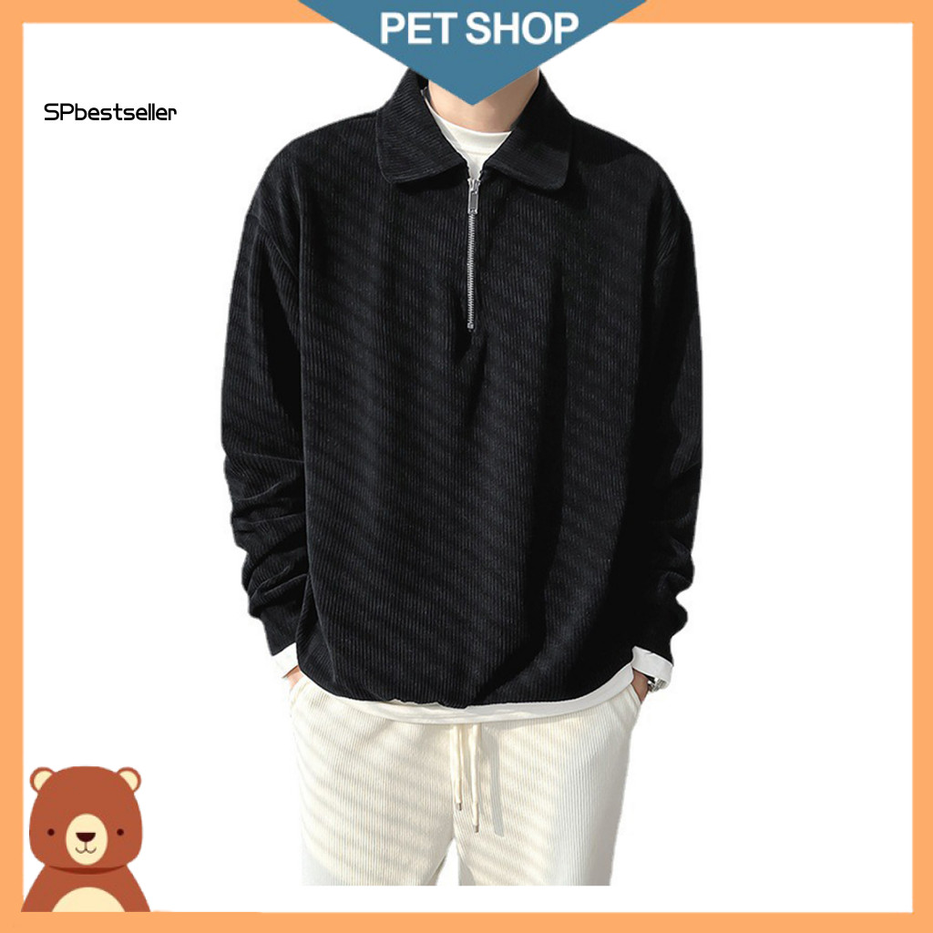 Retro Vertical Striped Corduroy Top Men Spring Shirt Men's Fall Half Zipper Turn-down Collar Long Sleeve Pullover Stripe