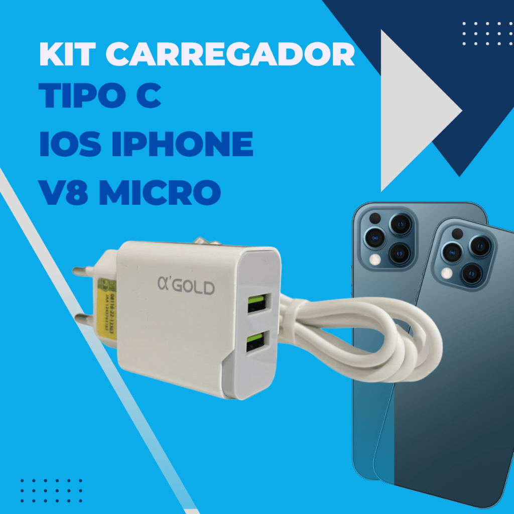 Kit Carregador Celular Rápido 3.1A 2 USB + Cabo iOS Tipo-C Micro USB V8