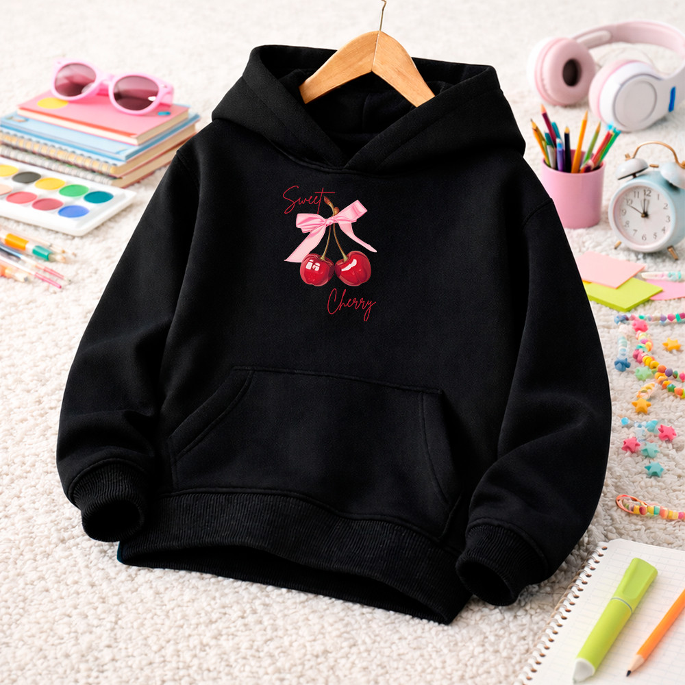 Moletom Infantil Feminino Cereja Kids Hoodie Aesthetic Streetwear Flanelado Blusa Frio Casaco Grosso Sweet Cherry Coquet