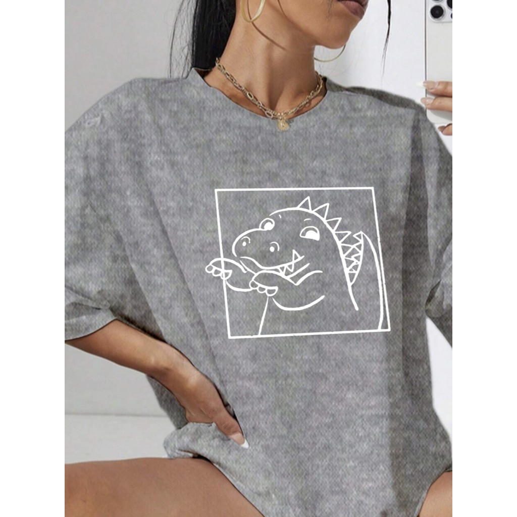 Blusa Feminina Nerd Style Sweet Dino Estampada Desenho Minimalista Aesthetic Lady Confortável Casual