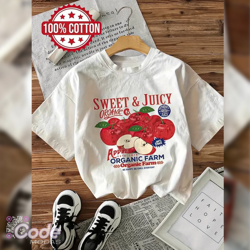 Camisa Camiseta T-Shirt Maçãs Sweet and Juicy Estilo Vintage Algodão Aesthetic