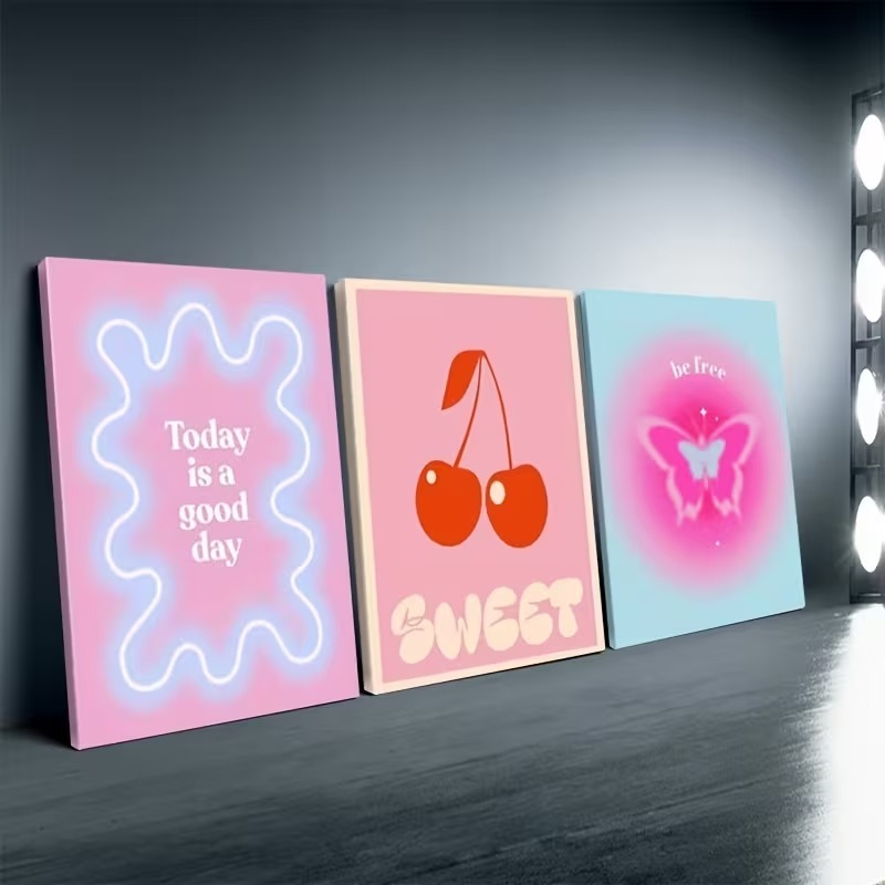 Kit 3 Quadros Decorativos Aesthetic Cereja Sweet Borboleta Be Free Today Good Day Rosa Quarto
