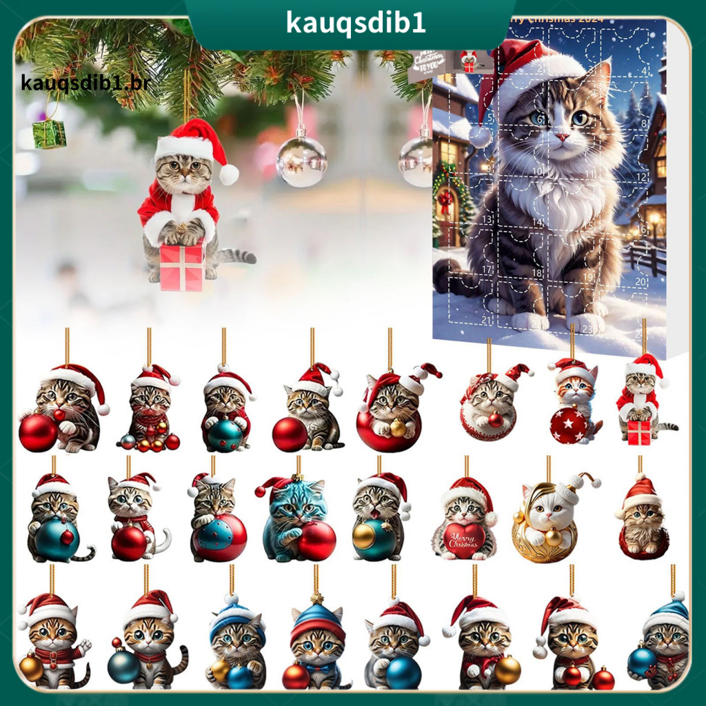 Cat Advent Calendar Christmas Tree Decor 24 Acrylic Ornaments Cute Kitten Hanging for Backpack Kids’ Countdown for Chi