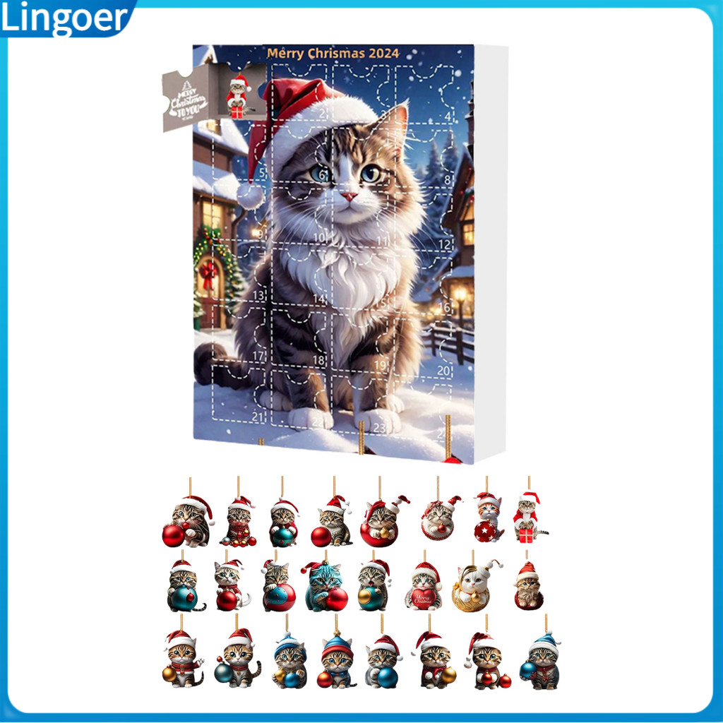 24pcs Christmas Advent Calendar Cat Ornaments Set Cute Acrylic Kitten Hanging Decorations for Tree Backpack Kids’ Coun