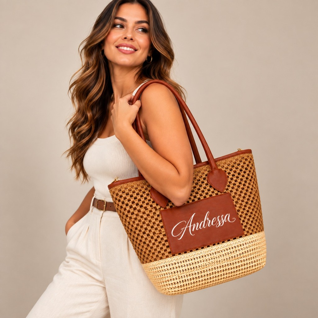 Bolsa Palha Feminina Personalizada Grande com Nome amplo espaço interno design elegante moderna urbano visual artesanal