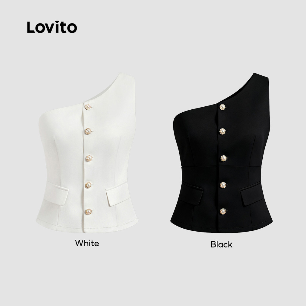 (Elegante) Lovito Blazer Botões Primavera/Verão Delicado Ajuste Justo Assimétrico Liso Feminino LBL22647