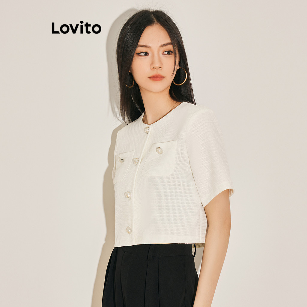 (Elegante) Lovito Jaqueta Com Bolso Liso E Botão Para Mulheres L61AD005 (Branco)