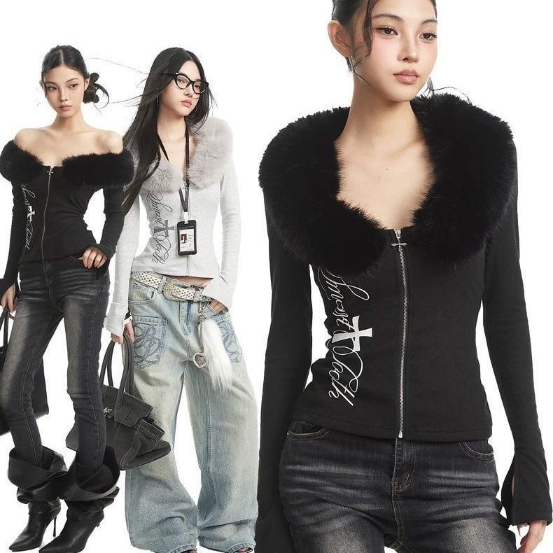 Jaqueta Curta Estilo Americano Com Gola De Pele Picante E Zíper Lã Para Mulheres – Slim Fit & amp ; Trendy