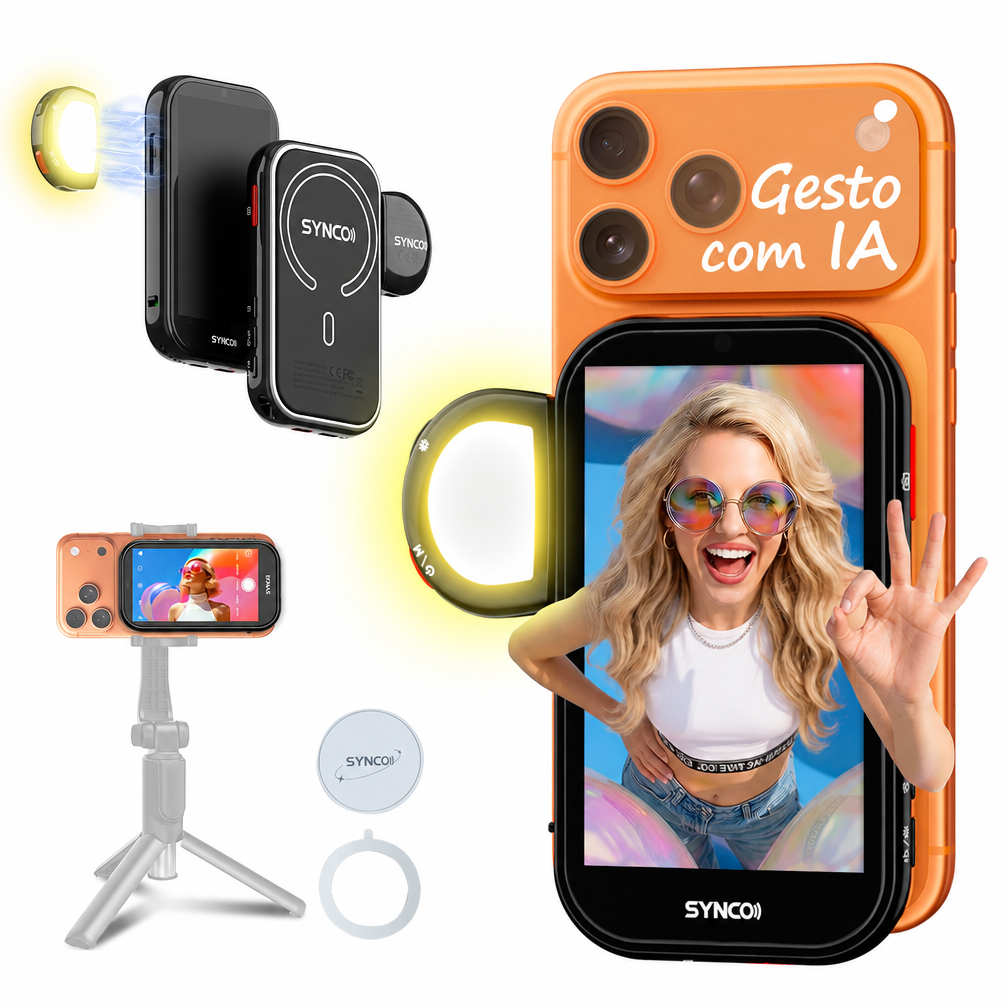 AI Monitor Selfie iPhone 7 17 Grave Sozinho Camera Traseira Tela Magnetica 4K Controle Gestos TikTok YouTube Synco XVIEW