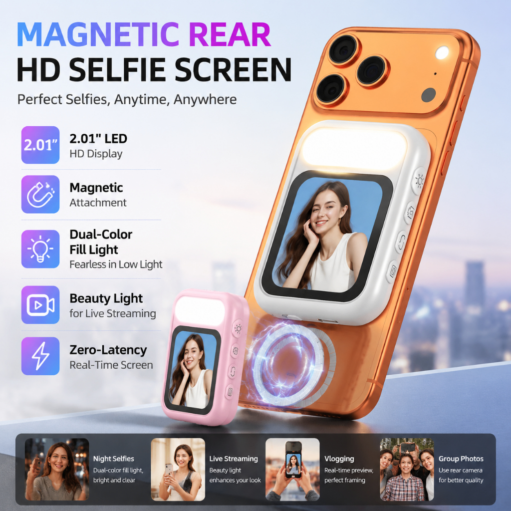 Monitor Magnético De Selfie Para iPhone E Android , Câmera Traseira , Tela Com Luz De Preenchimento , Ferramenta Vlog De