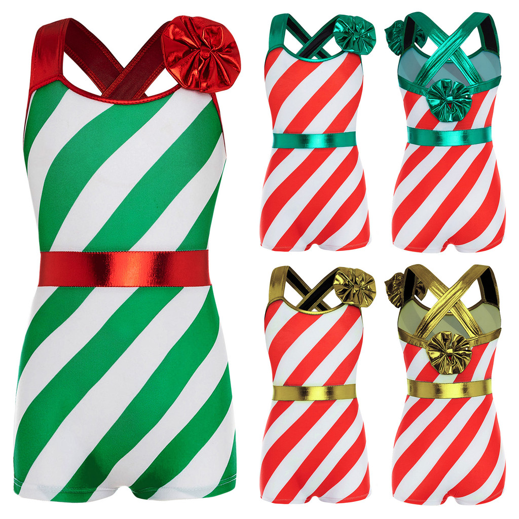 inhzoy Kids Girls Christmas Costume Wide Shoulder Straps Sleeveless Stripes Print High Waist Short Jumpsuit