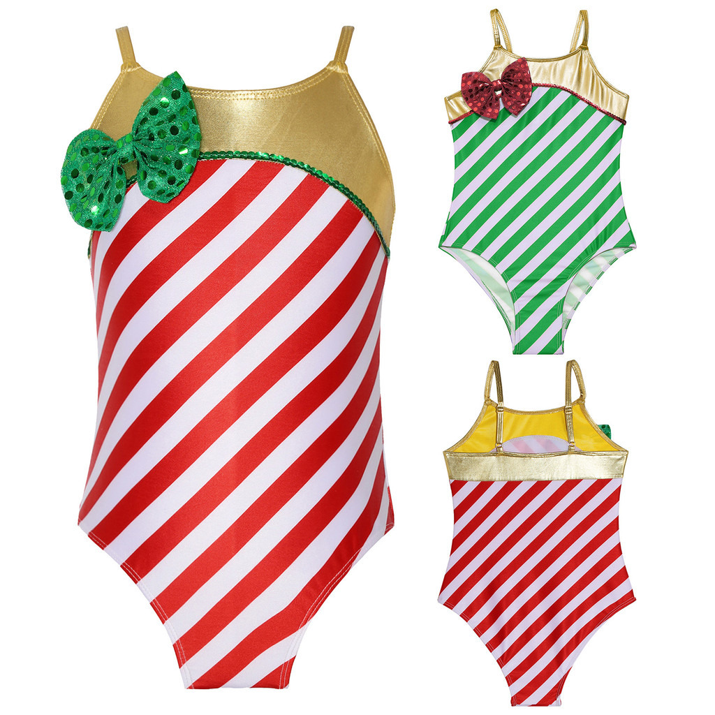 inhzoy Kids Girls Christmas Striped Jumpsuit Adjustable Shoulder Straps Shiny Bowknot Bodysuit Dancing Leotard