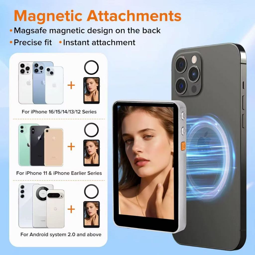 Tela magnético para selfies com e câmera traseira para smartphone 4K