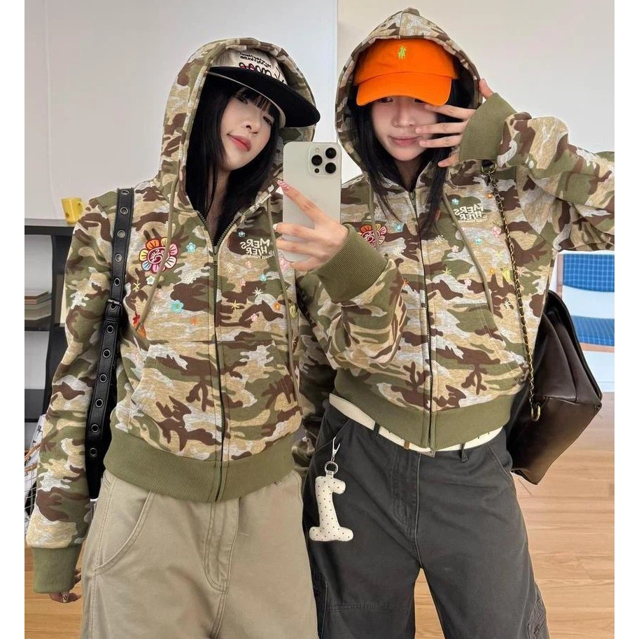 Mulheres Vintage Flor Bordado Camuflagem Hoodies High Street Curto Zíper Casaco