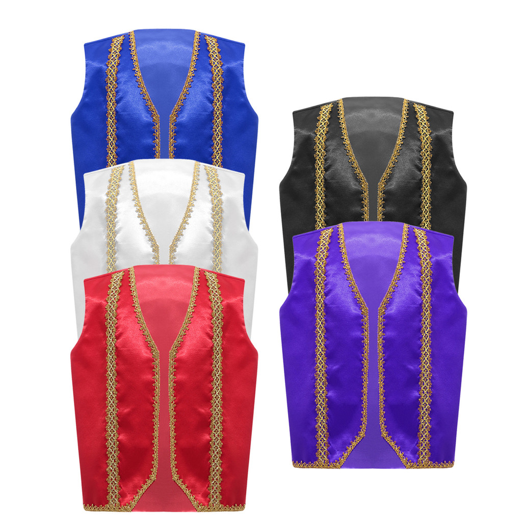 inhzoy Kids Medieval Steampunk Tailcoat Sleeveless Golden Decoration Trim Adorned Vest Gothic Jackets Waistcoat Costume