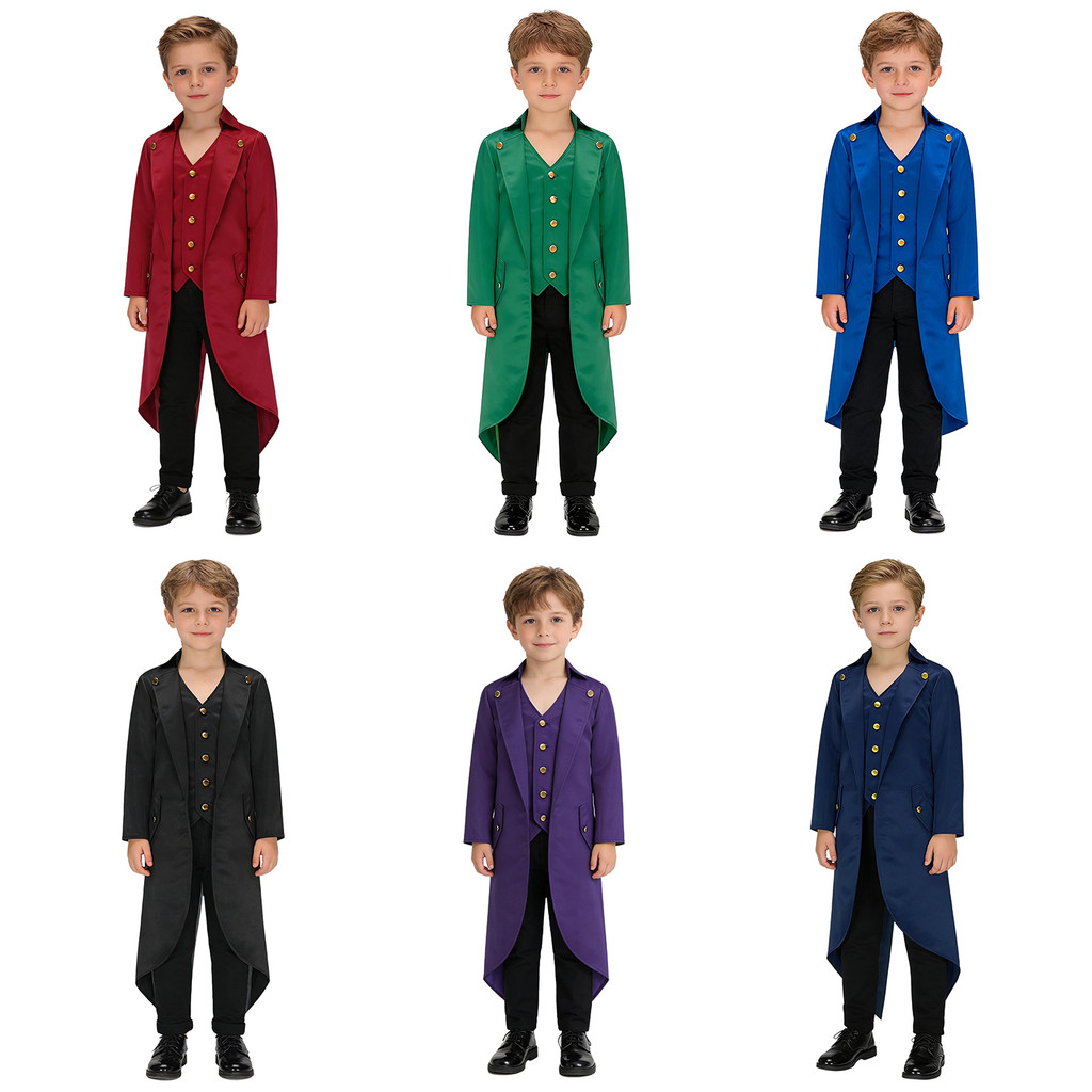 inhzoy Kids Renaissance Steampunk Costumes Fake Two Piece Tailcoat Retro Gold Buttons Solid Color Victorian Jacket