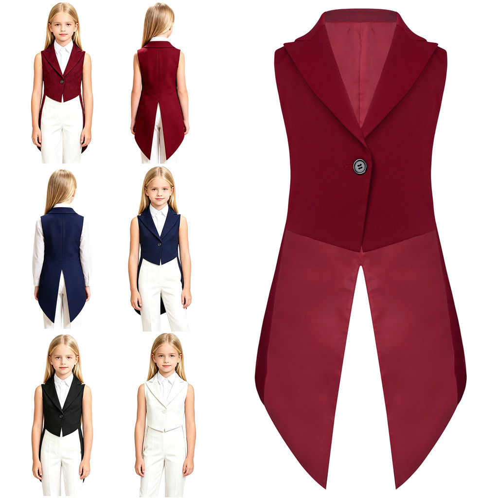 inhzoy Kids Girls Sleeveless Tailcoat Formal Blazer Lapel V Neck One-button Swallowtail Jacket Coat for Stage Party