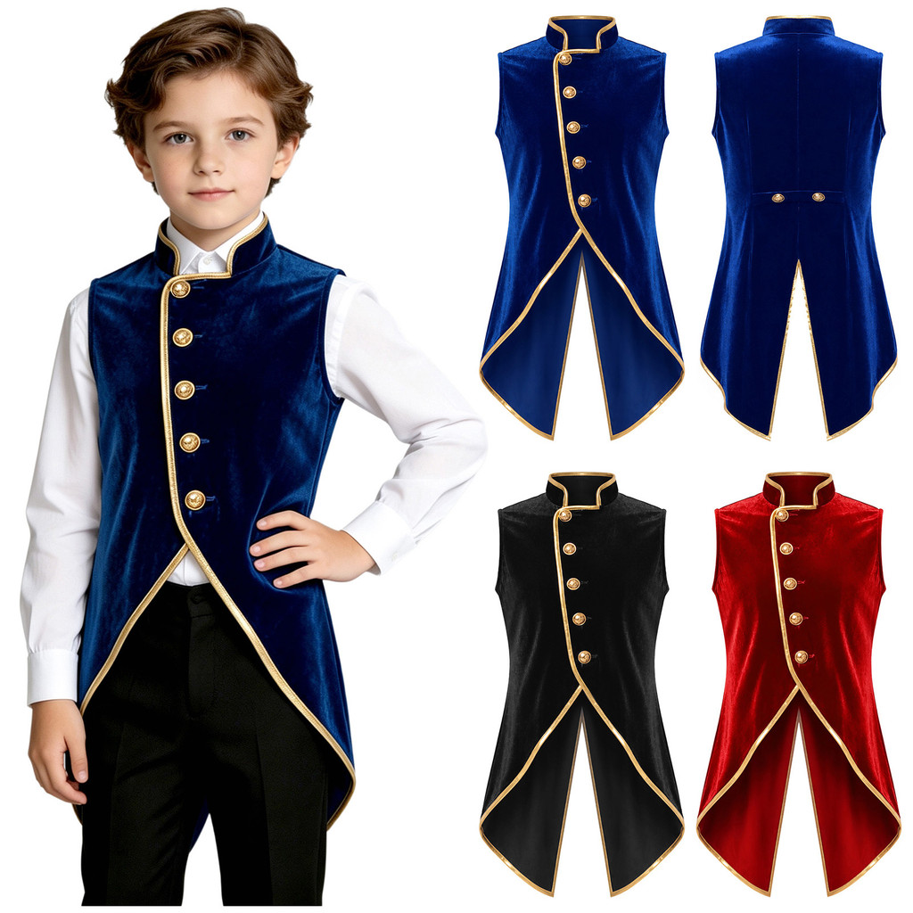 MSemis Kids Boys Vintage Medieval Veludo Colete Gola Traseira Dividida Botão De Acabamento Metálico Sem Mangas Tailcoat