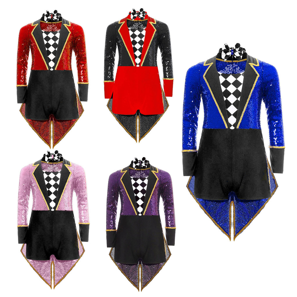 inhzoy Crianças Unissex Halloween Circo Traje Mágico Cosplay Manga Longa Lantejoulas Xadrez Tailcoat Bodysuit Com Gravat