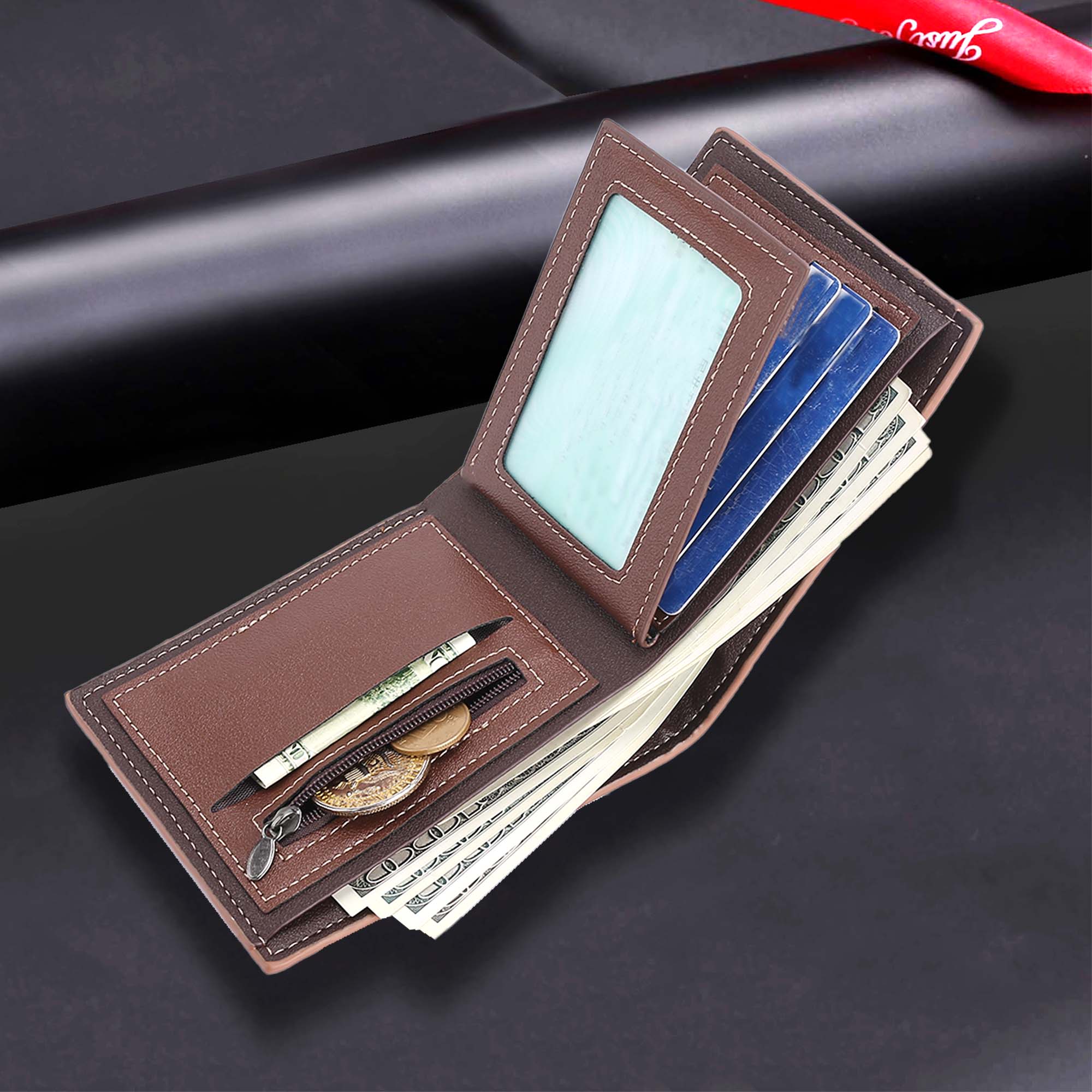 Novo Novo Carteira Masculina Curta - Design Moderno com Zipper, Bolso para Moedas e Alça Crossbody em Couro Costurado.
