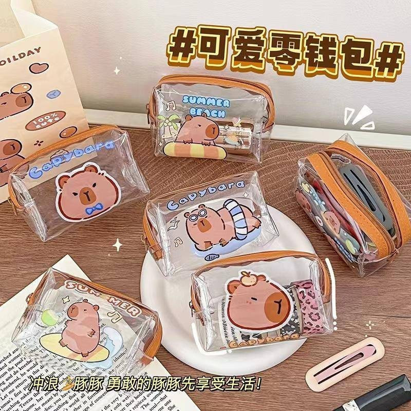 Cute Cartoon Capybara Mini Zipper Bag，Suitable for stationery、Cute Cartoon Jelly Wallet、Cosmetics、Coin，Transparent PVC M