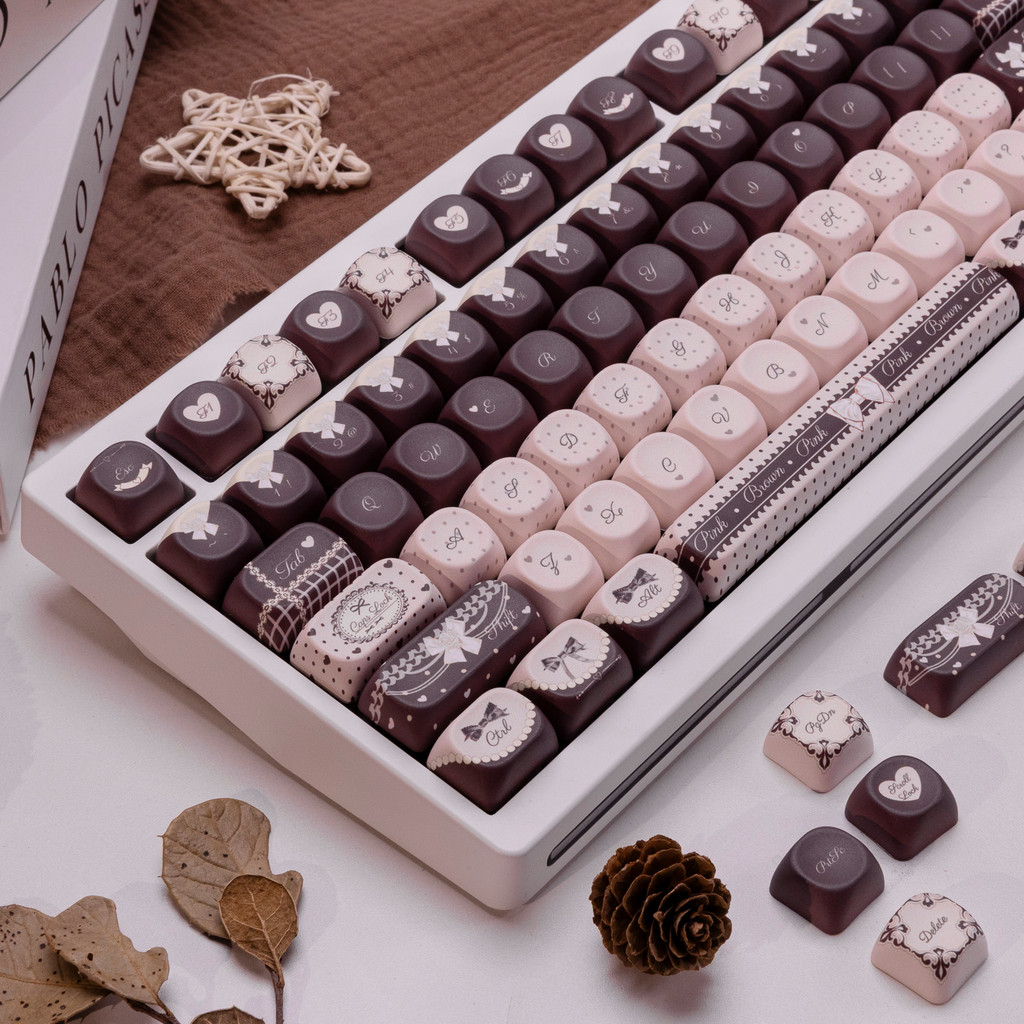 MOA Profile Warm Cocoa Keycaps 132 Teclas Cute Ribbon Theme PBT Dye Sub Key Cap Para Teclado Mecânico