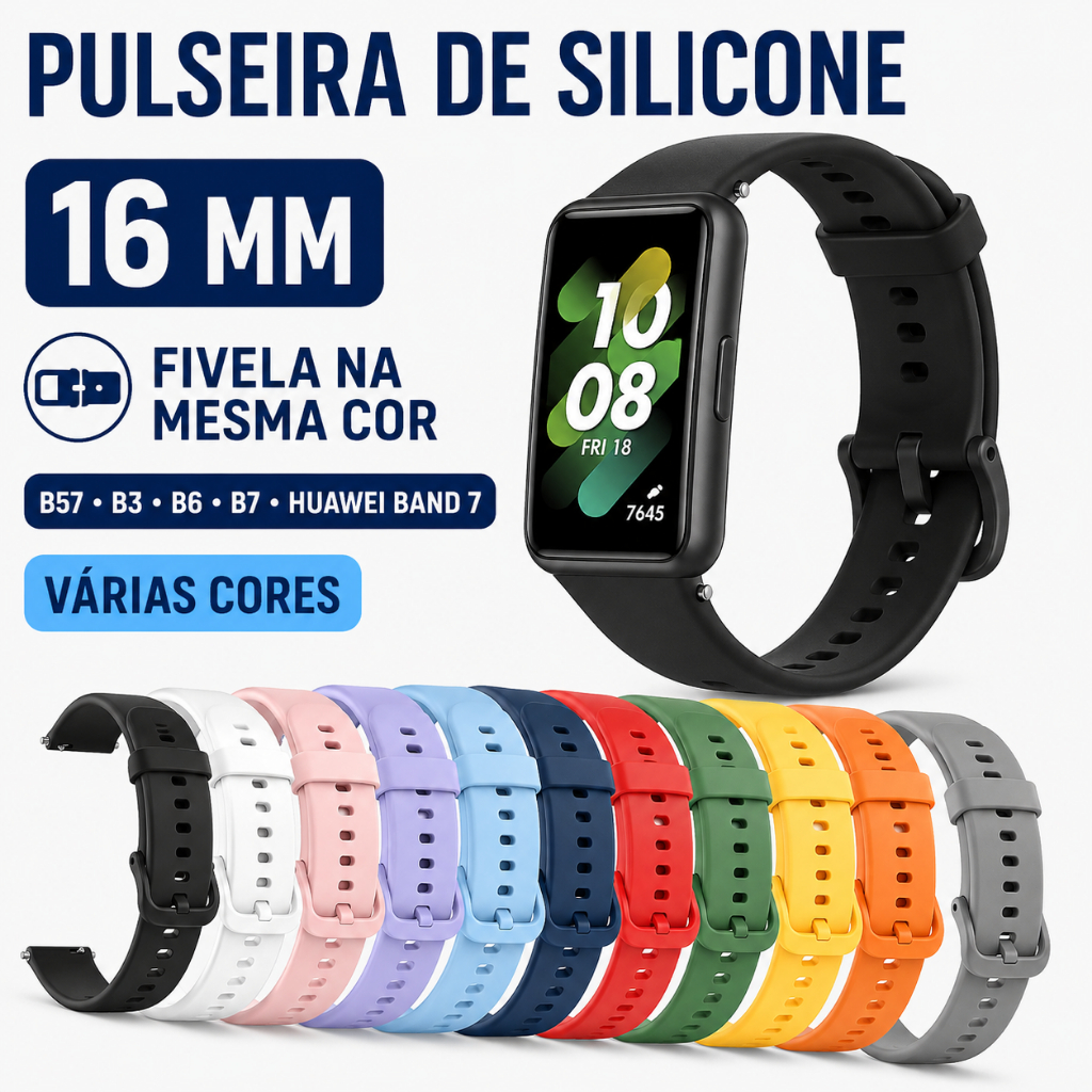 Pulseira Silicone 16mm para Smartwatch B57 B3 B6 B7 Huawei Band 7 Fivela Mesma Cor