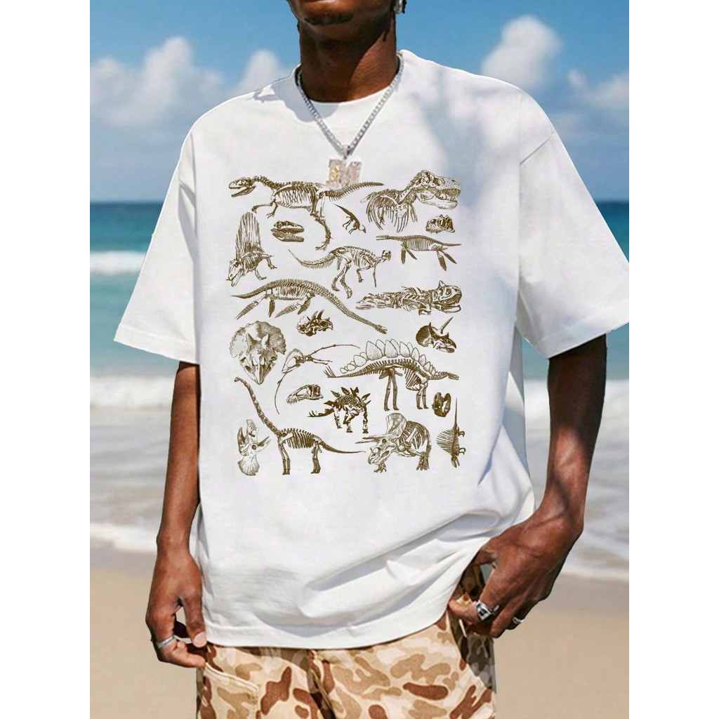 Camiseta Masculina Feminina casual de verão masculina com estampa de dinossauro cartoon