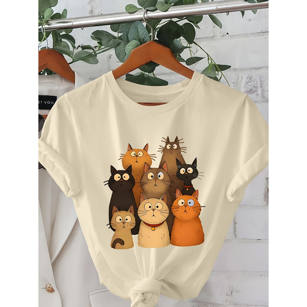 Camiseta Masculina Feminina Oversized Estampa Grupo de Gatos Cartoon Fofos T-shirt Streetwear Moda Casual e Amante