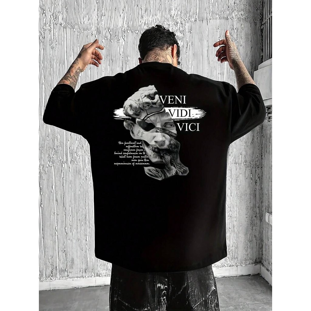 Camiseta Unissex Oversized Plus Size Feminina Masculina Adulto Plus Size Infantil Veni Vidi Vici Estatua Cartoon Basico