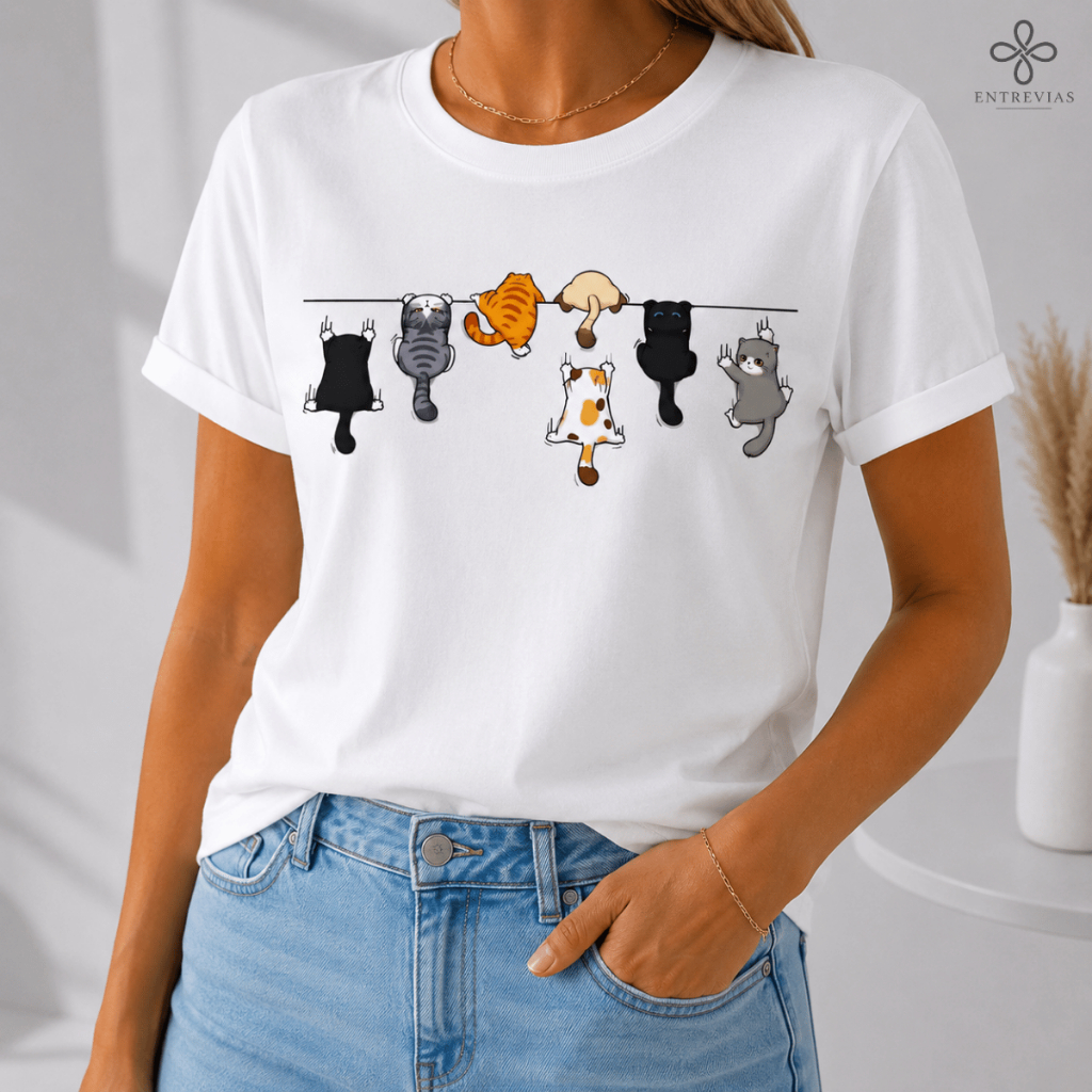 Camiseta Casual Feminina de Manga Curta com Estampa Divertida de Gato Cartoon Top com Gola Redonda