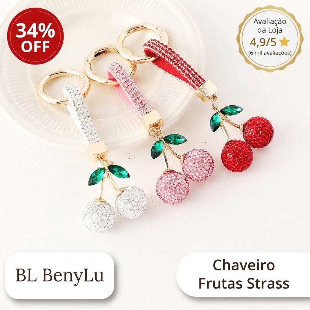 Presente Feminino Chaveiro Frutas Strass Cereja, Morango Brilhante Blogueira - BERRY JEWELS - Pingente de Bolsa