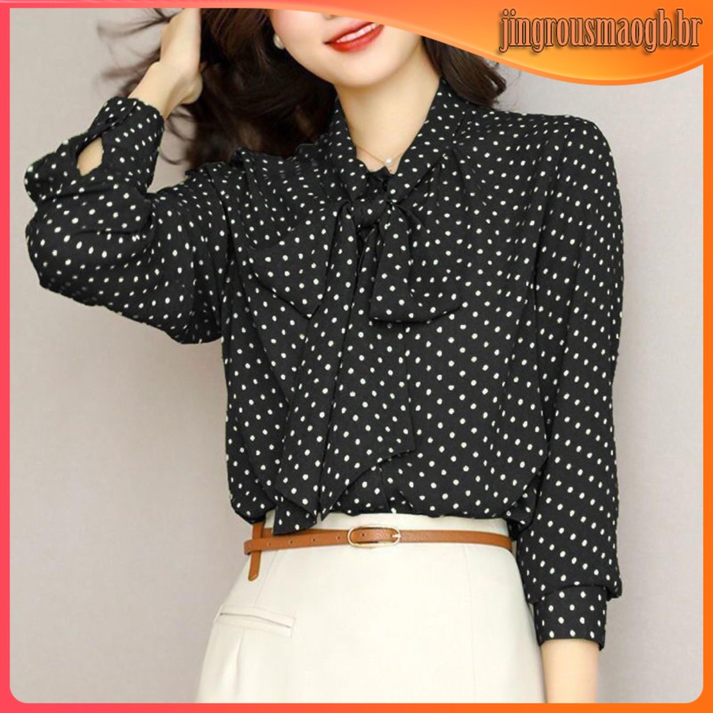Polka Dot Chiffon blusa Plus tamanho coreano estilo de cordões camisa de manga comprida feminino..