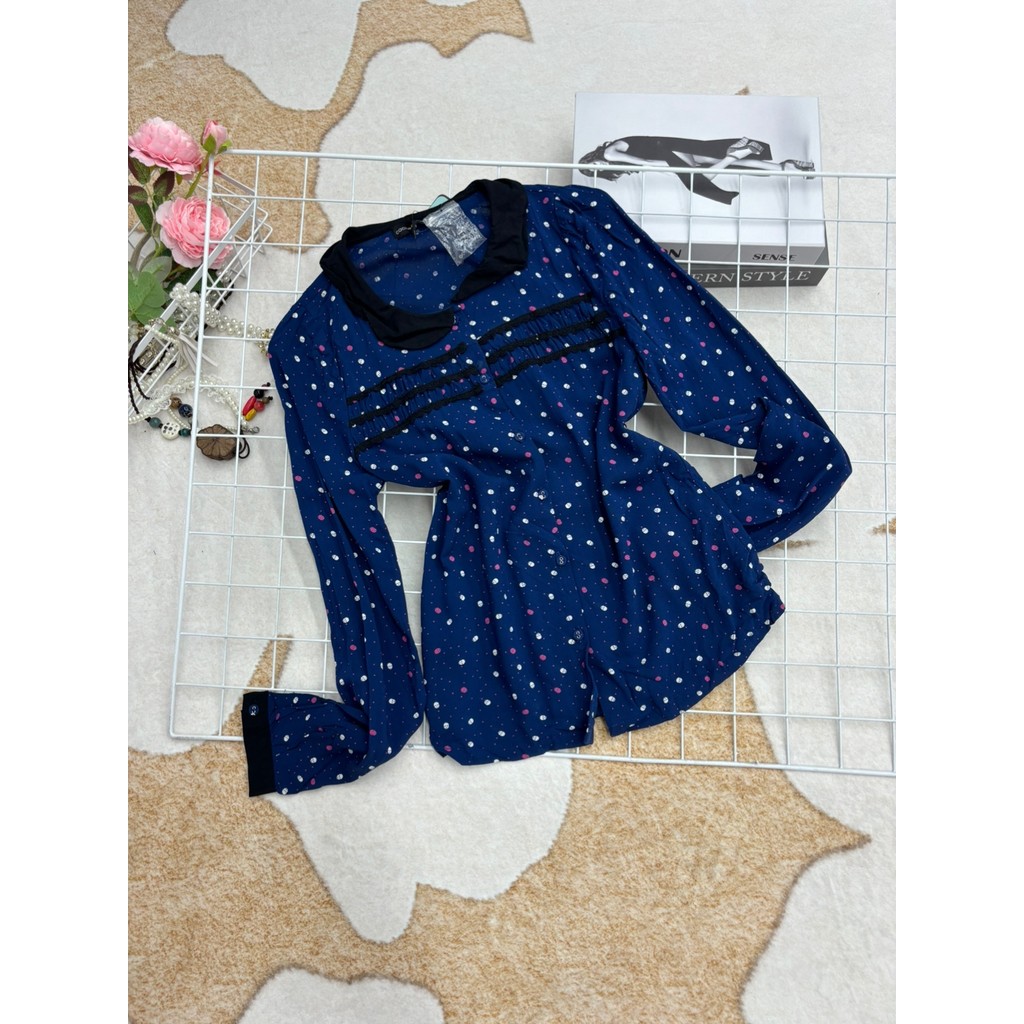 High-End moda Polka Dot boneca colarinho redução de idade camisa de manga comprida feminina estilo verão solto S