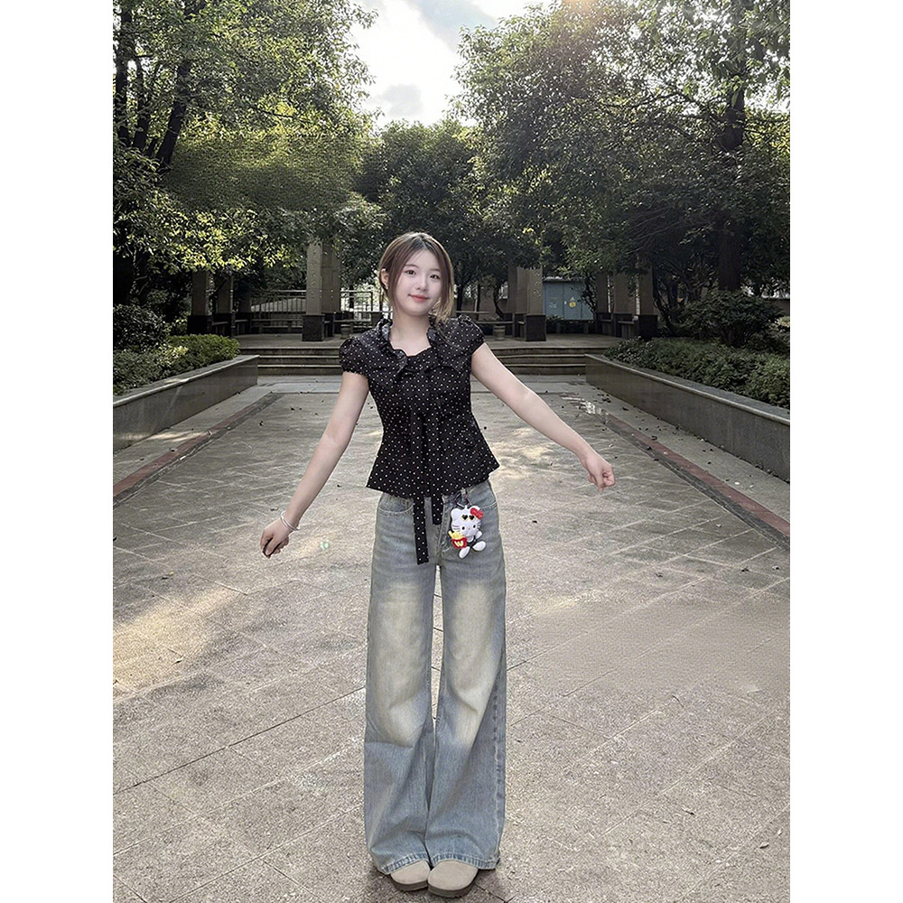 Estilo coreano Polka Dot arco camisa de manga curta feminina verão Design sentimento plissado cintura estreita magro-aju