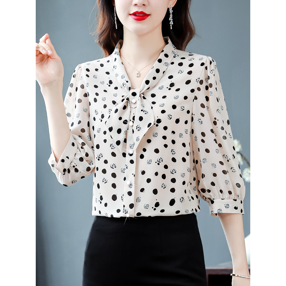 Moda três quartos manga Chiffon camisa senhoras outono estilo ocidental Polka Dot camisa moda redução de idade mãe meado