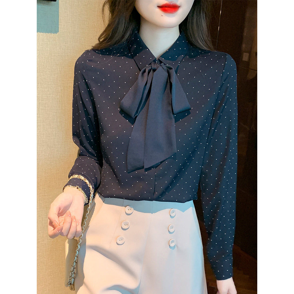 Moda arco fita camisa de manga comprida feminina primavera novo estilo Retro temperamento Polka Dot camisa moda Chiffon